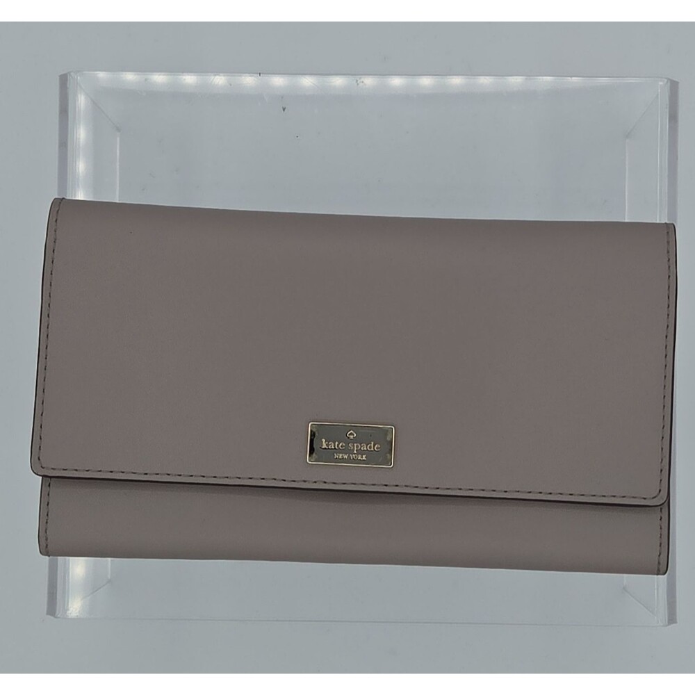 Kate Spade Staci Smooth Leather Flap Continental Long Clutch Wallet Taupe Beige